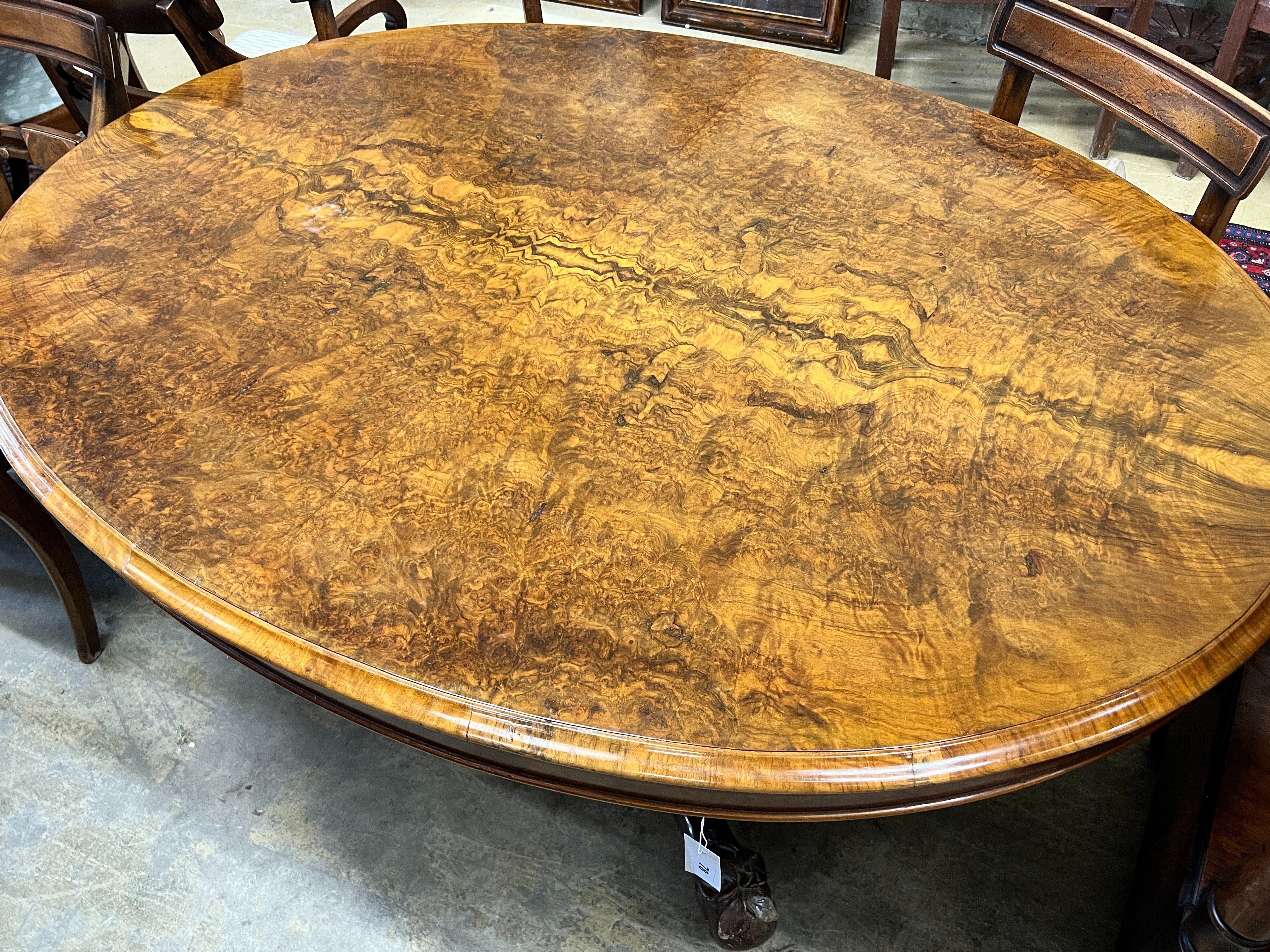 A Victorian oval burr walnut loo table, length 150cm, width 109cm, height 71cm